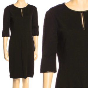 ST. JOHN Leather Trim Milano Knit Keyhole Cutout Half Sleeve Black Sheath Dress